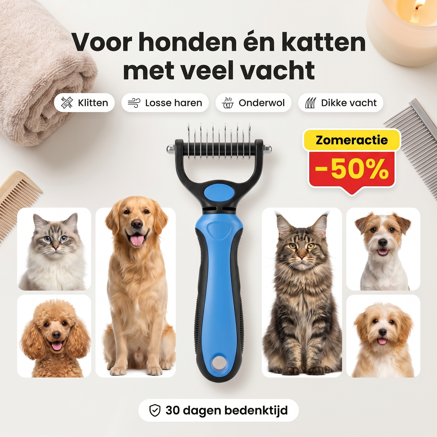 Vachtborstel voor honden en katten – Tegen klitten en losse haren