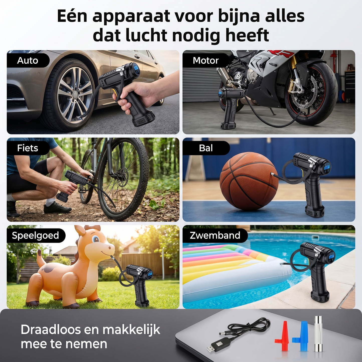 Draadloze bandenpomp – Draagbare luchtpomp voor auto, fiets en thuis